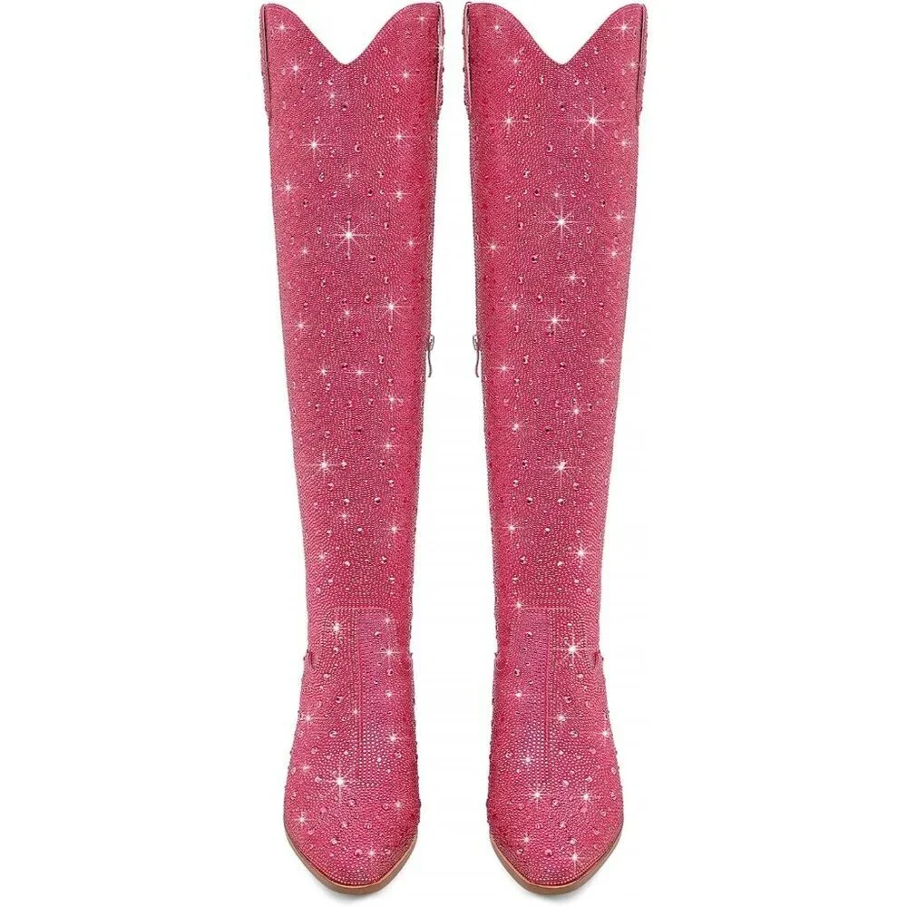 Women Hot-pink Faux Leather Sparkly Bling Rhinestone Over the Knee Cowboy Boots